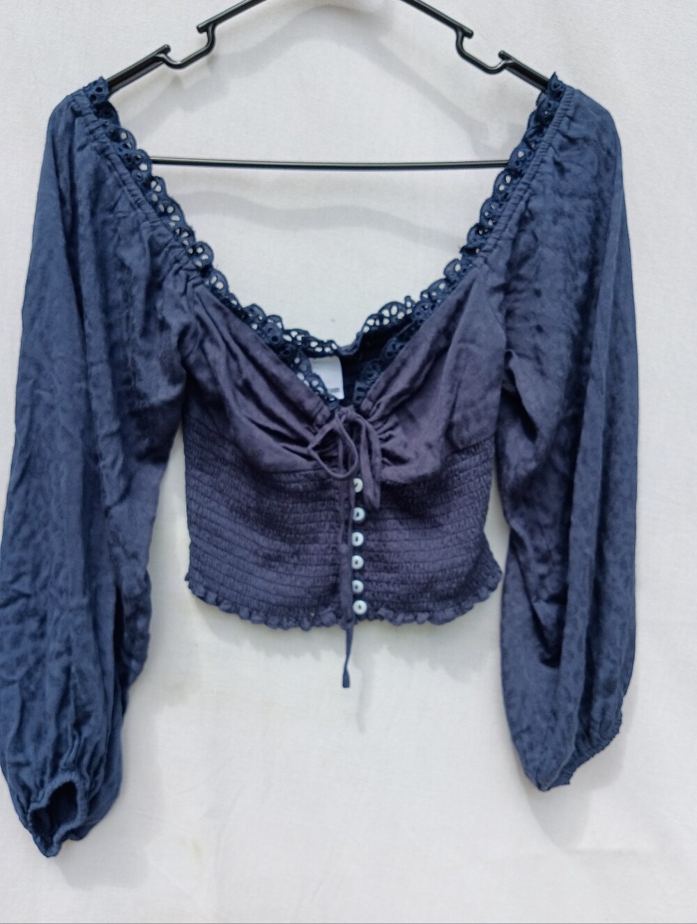 Skylar + Madison Navy Lace-Trim Smocked Crop Top Cottagecore Boho Size Small